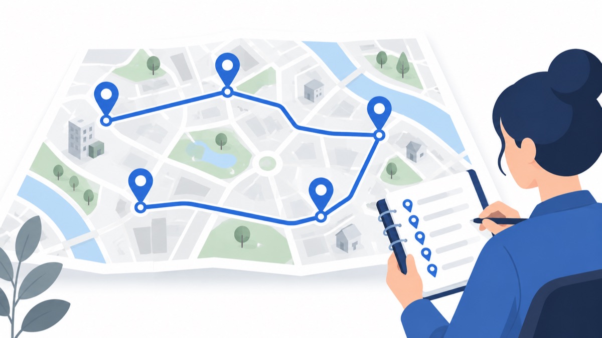 Illustratie van vijf bezoeklocaties die met een route verbonden zijn.